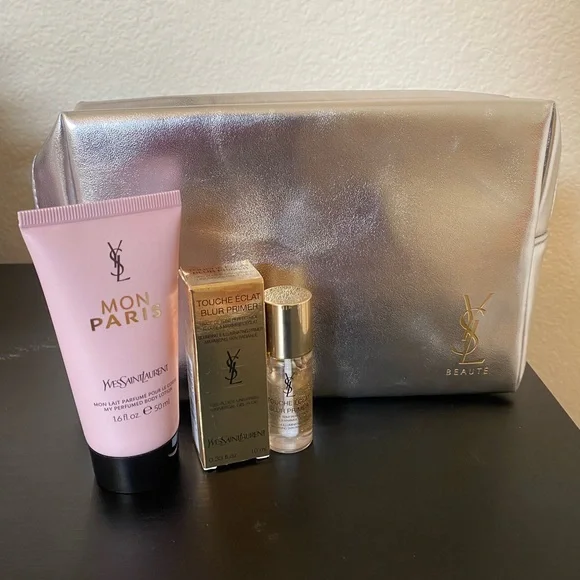 YSL Touche Éclat Blur Primer, Mon Paris Lotion, Cosmetic Pouch Bundle - New - Picture 3 of 7